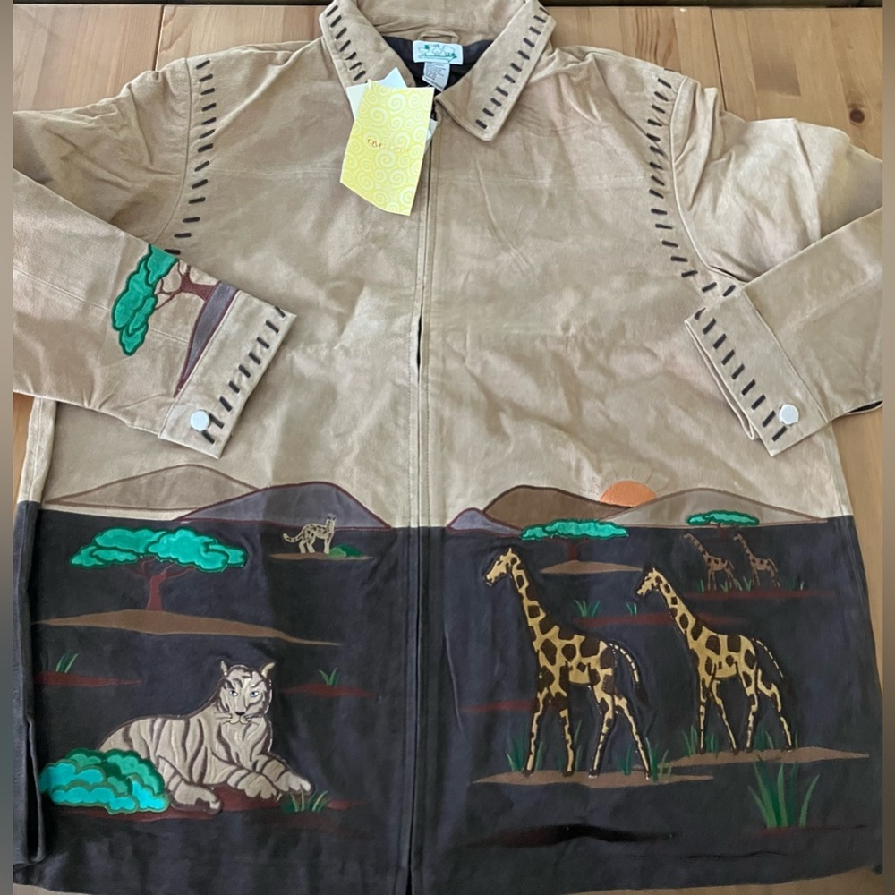 NWT Vintage Quaker Factory Tan and Brown Suede Jacket with Safari Print Size 2X